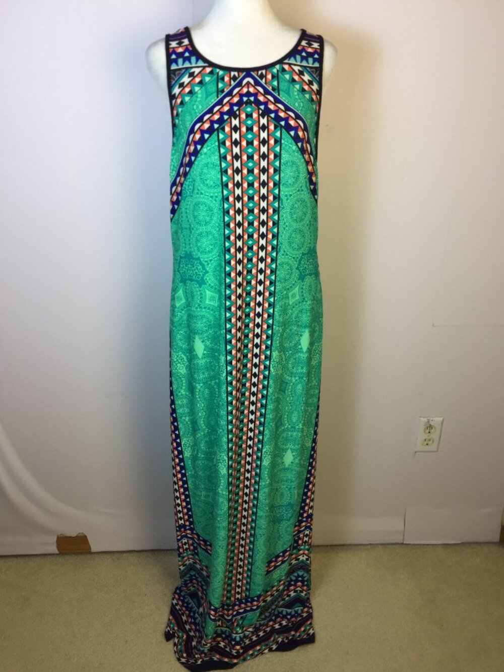 Bisou Bisou Maxi Dress Womens Size 16 Green Blue Geo Printed Sleeveless Stretch
